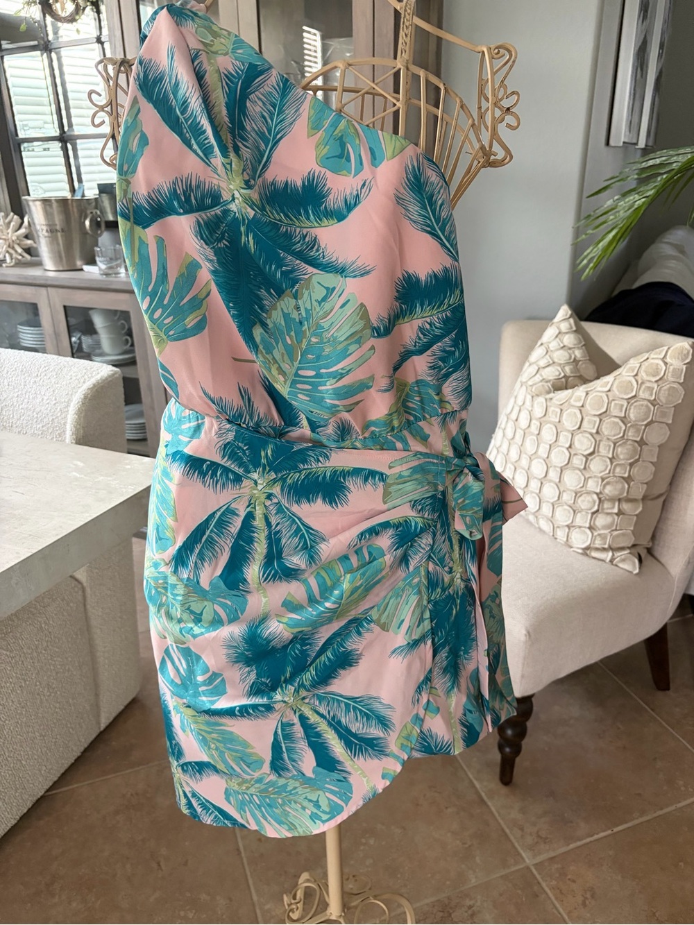 CUPSHE Tropical One-Shoulder Wrap Dress - Pink & Teal Palm Print